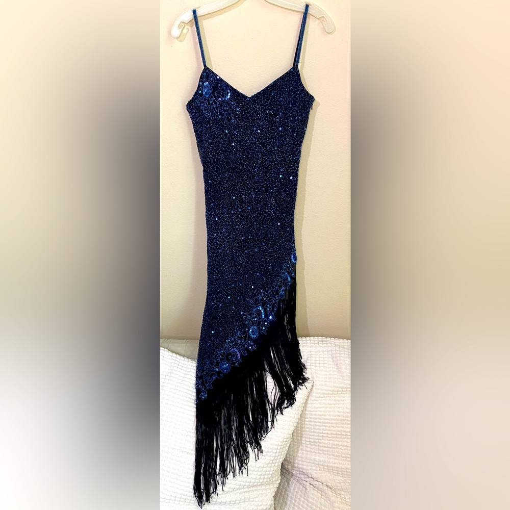Vintage Hand Silk Beaded Fringe Evening Dress